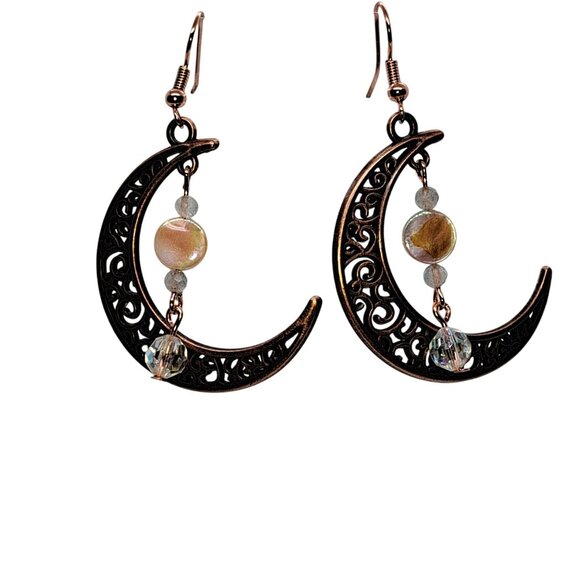 Copper crescent earrings mother of pearl labradorite AB crystal handmade - Picture 3 of 8